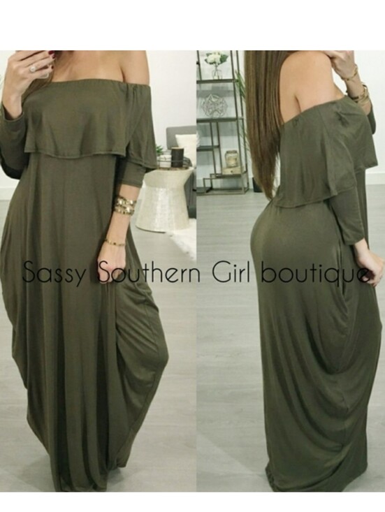 Sassy Southern Girl Boutique Dresses & Skirts - ⭐🆕 Boho Olive green off shoulder maxi dress